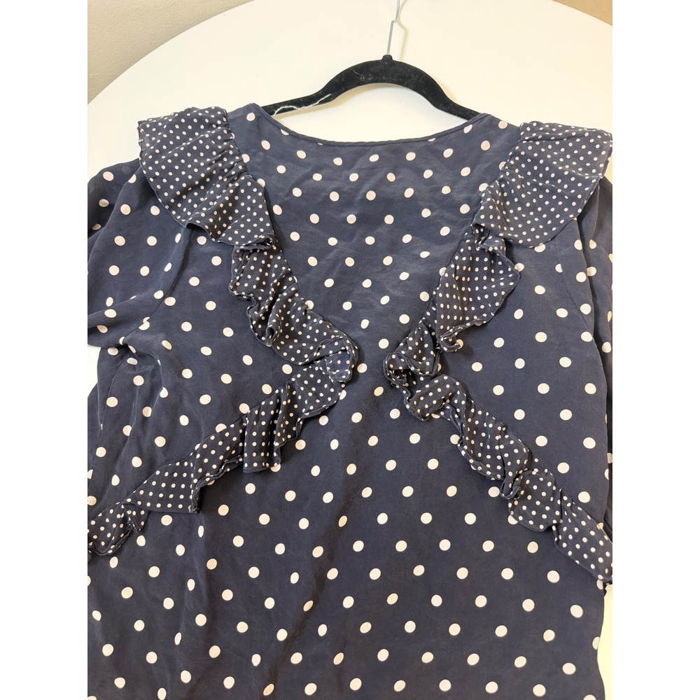 Rebecca Taylor Blouse Womens 8 Navy Blue Excellent Silk Polka Dot Ruffle Top - Picture 5 of 6